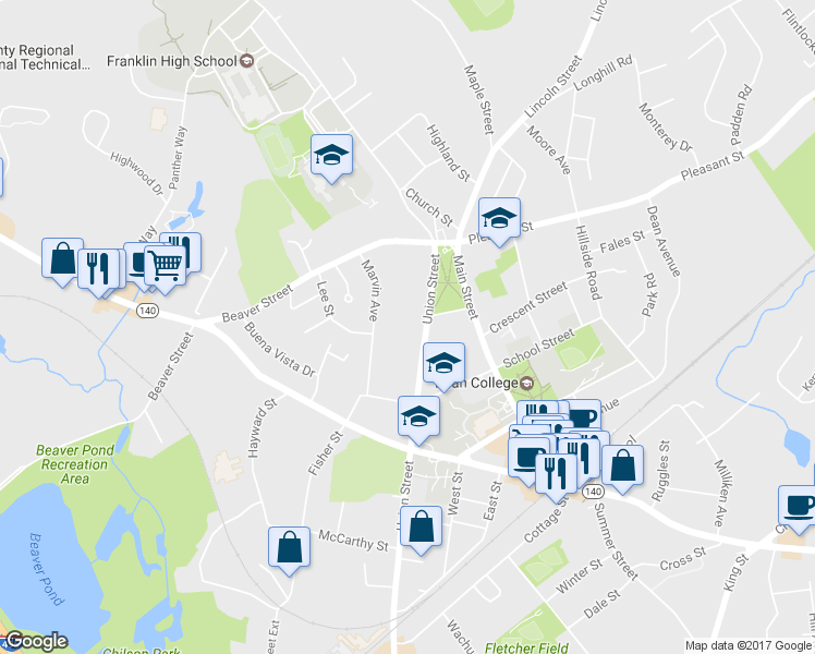 map of restaurants, bars, coffee shops, grocery stores, and more near 73 Union Street in Franklin
