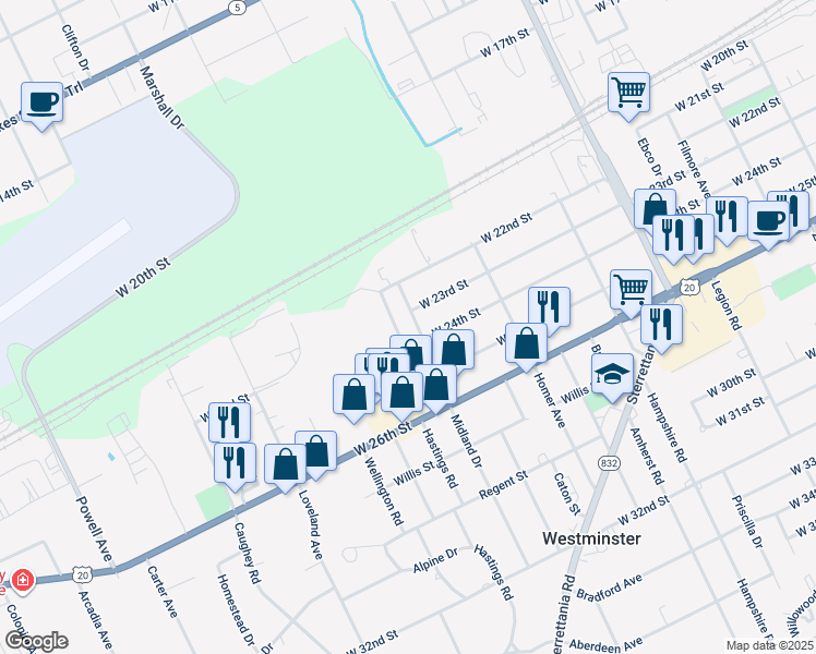 map of restaurants, bars, coffee shops, grocery stores, and more near 2314 Midland Drive in Erie