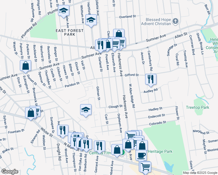 map of restaurants, bars, coffee shops, grocery stores, and more near 140 Powell Avenue in Springfield