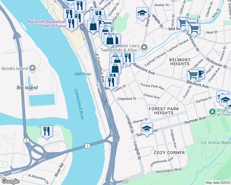 map of restaurants, bars, coffee shops, grocery stores, and more near 9 Leete Street in Springfield