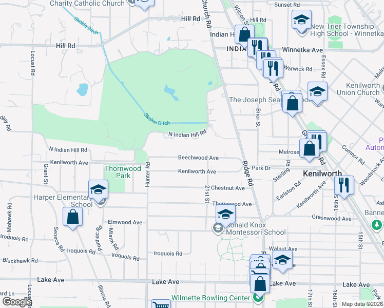 map of restaurants, bars, coffee shops, grocery stores, and more near 2136 Beechwood Avenue in Wilmette