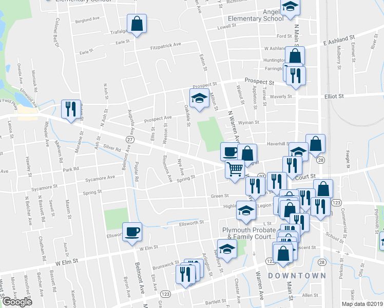 map of restaurants, bars, coffee shops, grocery stores, and more near 235 Pleasant Street in Brockton