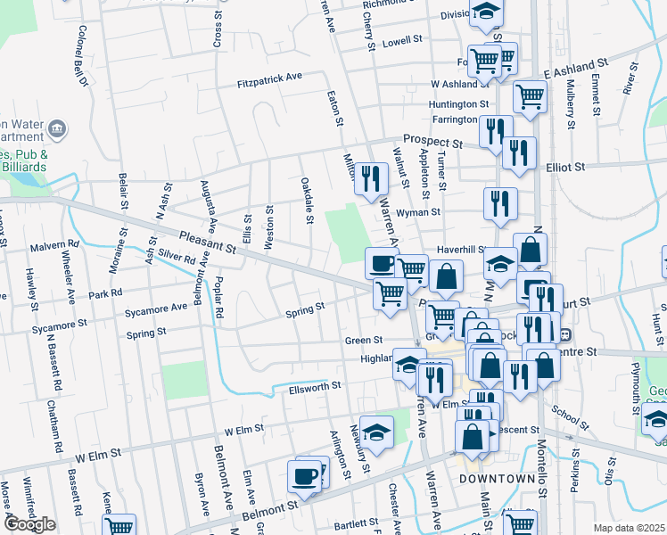 map of restaurants, bars, coffee shops, grocery stores, and more near 205 Pleasant Street in Brockton