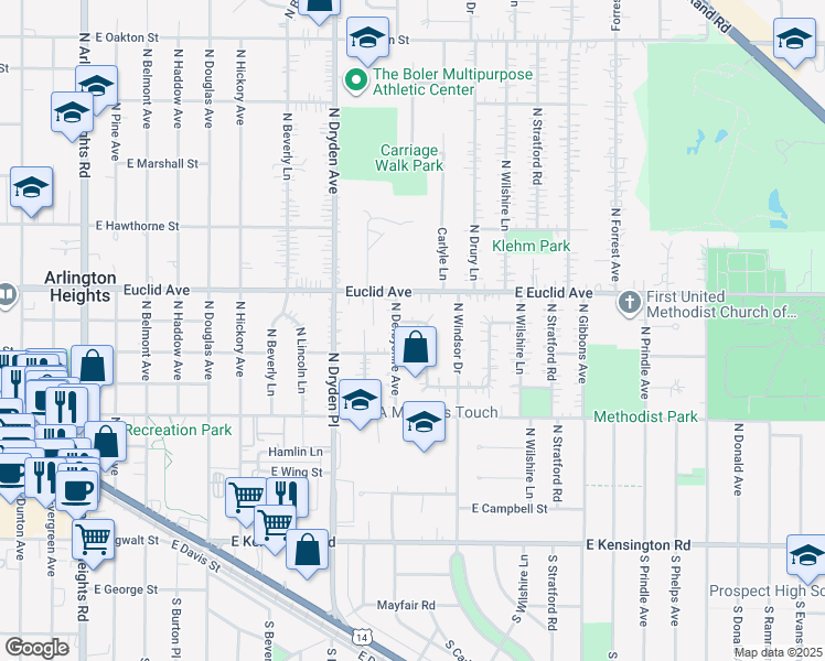 map of restaurants, bars, coffee shops, grocery stores, and more near 1217 East Fremont Street in Arlington Heights