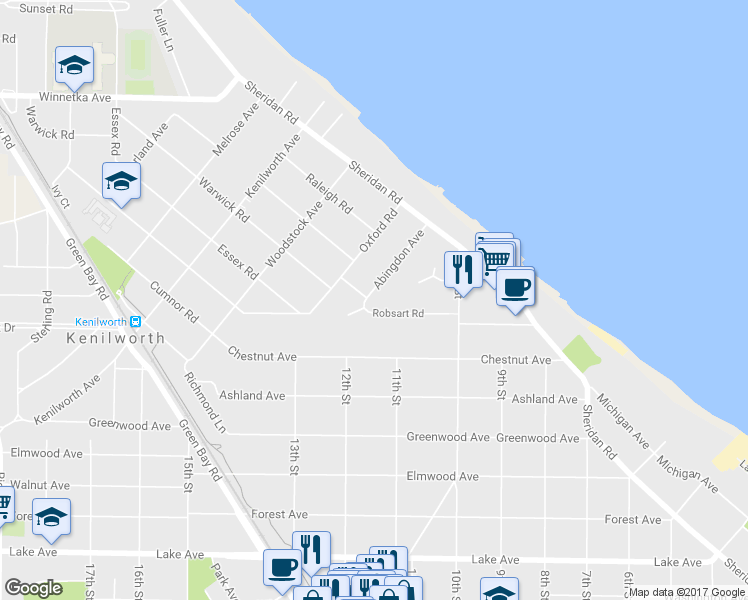 map of restaurants, bars, coffee shops, grocery stores, and more near 210 Abingdon Avenue in Kenilworth