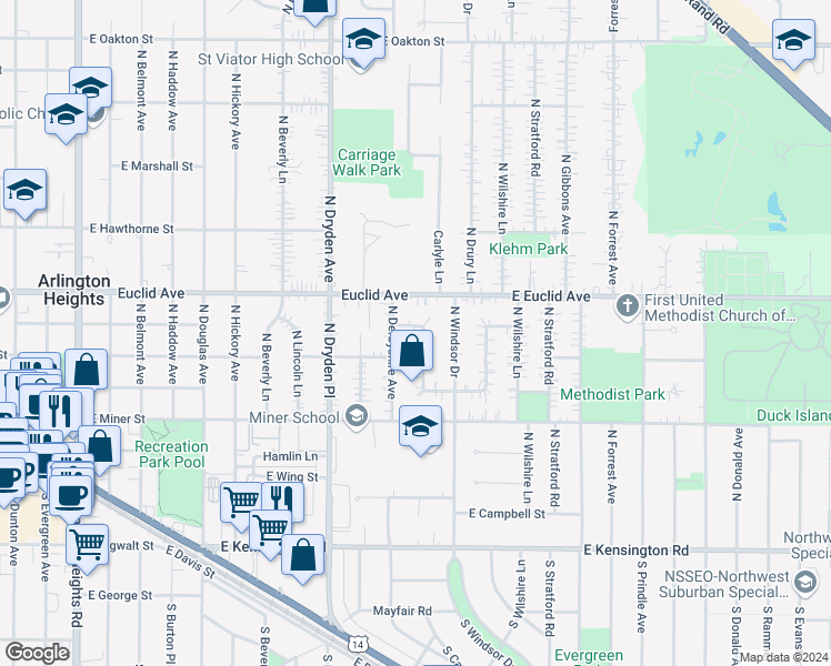 map of restaurants, bars, coffee shops, grocery stores, and more near 1217 East Fremont Street in Arlington Heights