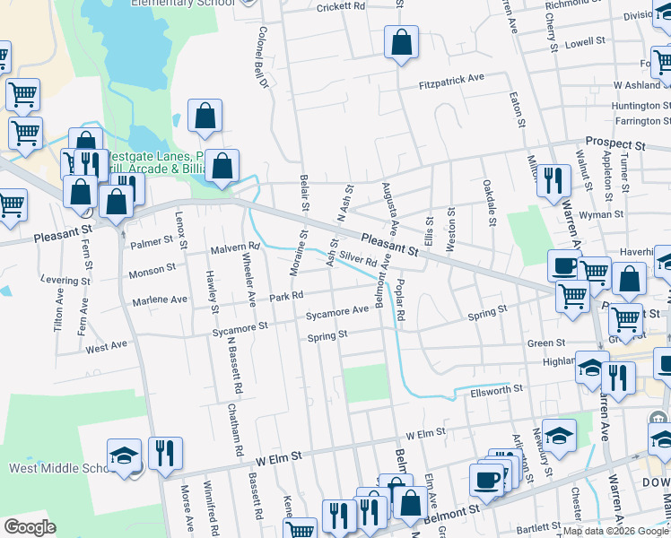 map of restaurants, bars, coffee shops, grocery stores, and more near 40 North Ash Street in Brockton