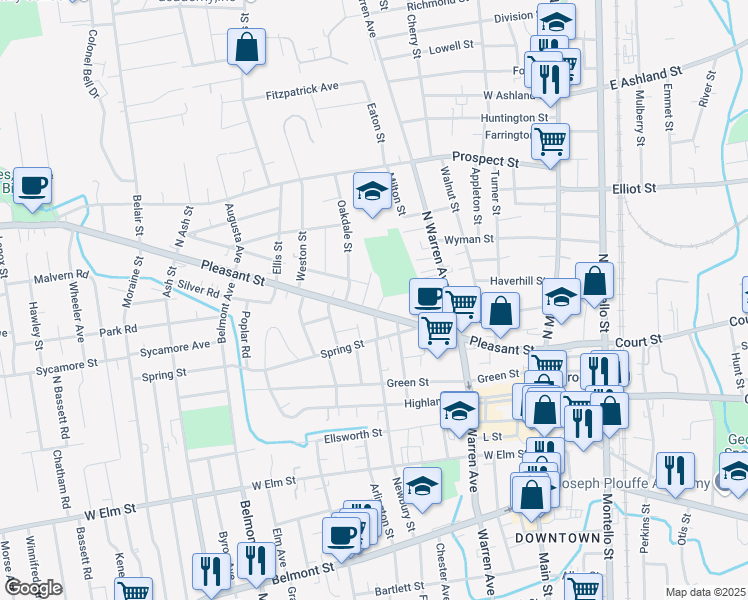map of restaurants, bars, coffee shops, grocery stores, and more near 205 Pleasant Street in Brockton