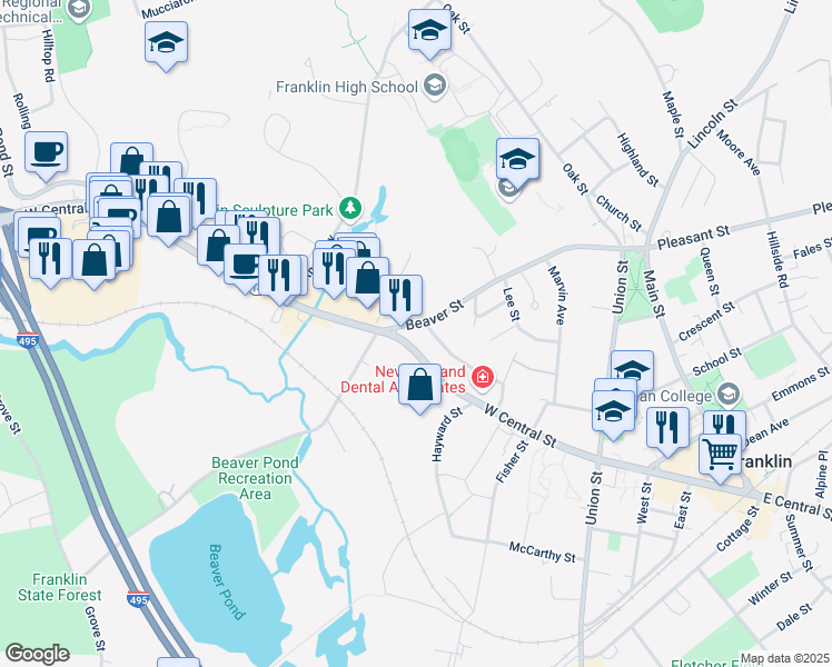 map of restaurants, bars, coffee shops, grocery stores, and more near 323 West Central Street in Franklin