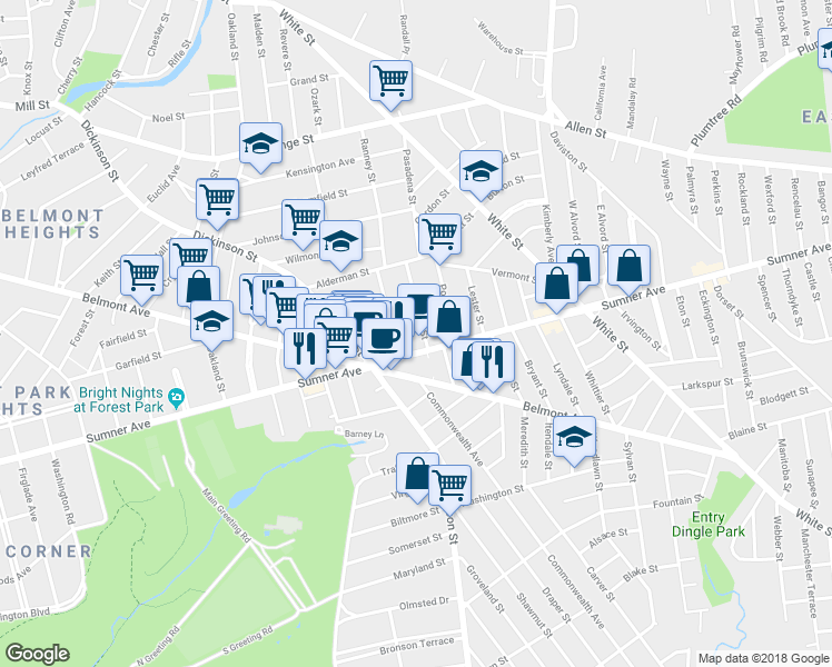 map of restaurants, bars, coffee shops, grocery stores, and more near 73 Ventura Street in Springfield