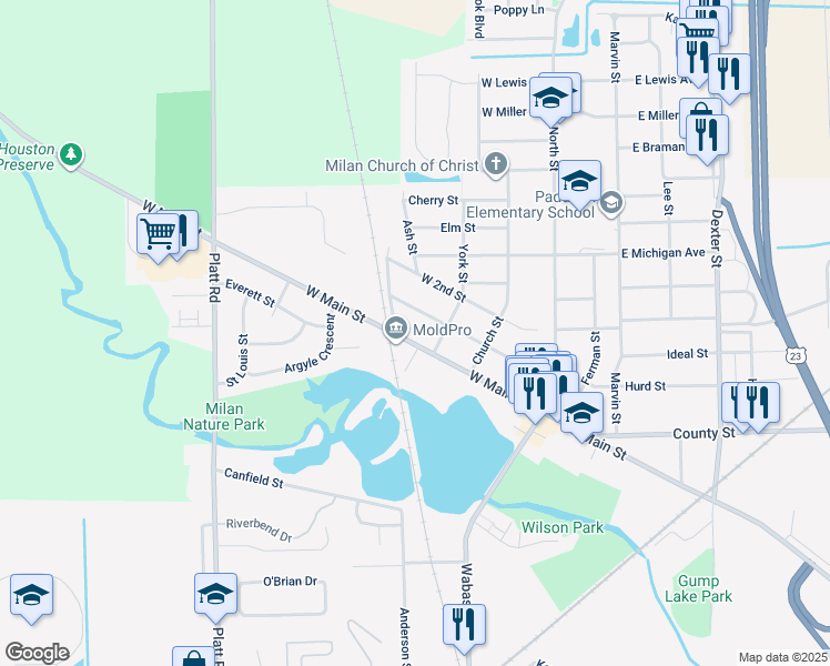 map of restaurants, bars, coffee shops, grocery stores, and more near 230 West Main Street in Milan