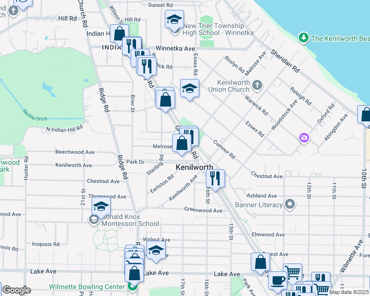 map of restaurants, bars, coffee shops, grocery stores, and more near 522 Melrose Avenue in Kenilworth