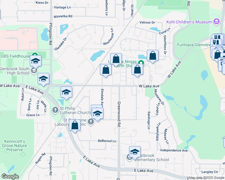 map of restaurants, bars, coffee shops, grocery stores, and more near 1766 Greenwood Road in Glenview