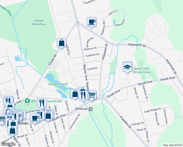 map of restaurants, bars, coffee shops, grocery stores, and more near 39 Cherry Street in Whitman