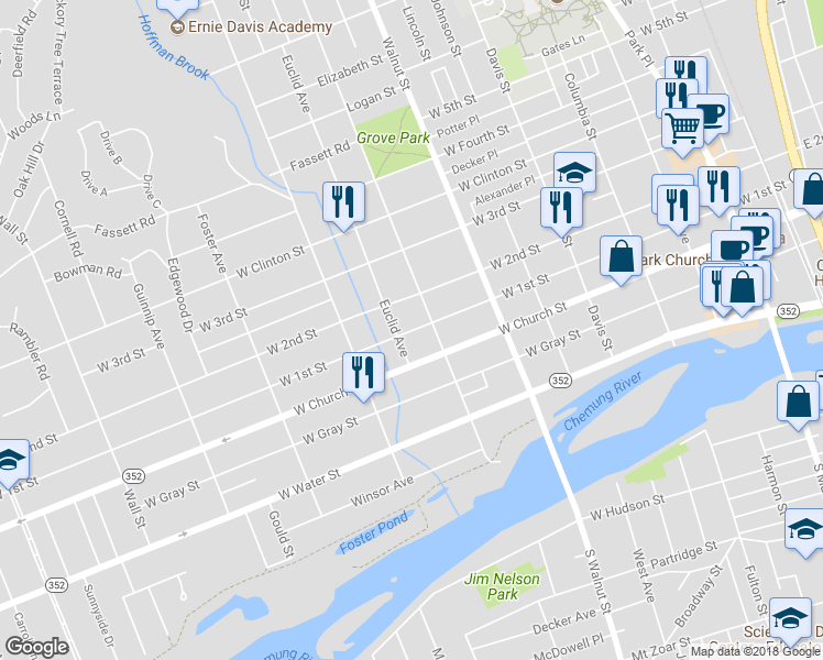 map of restaurants, bars, coffee shops, grocery stores, and more near 616 West 1st Street in Elmira