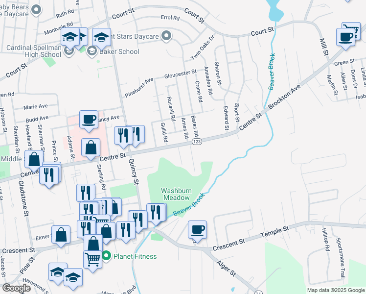 map of restaurants, bars, coffee shops, grocery stores, and more near 855 Centre Street in Brockton