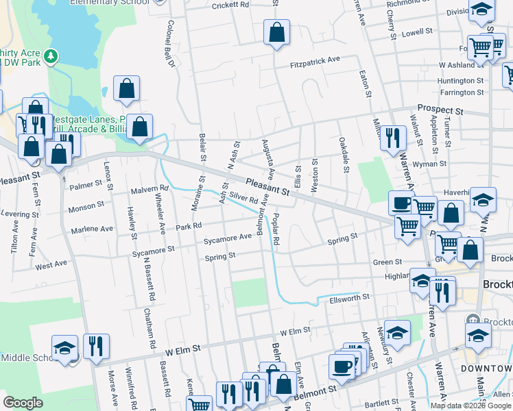map of restaurants, bars, coffee shops, grocery stores, and more near 10 Silver Road in Brockton