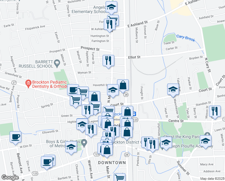 map of restaurants, bars, coffee shops, grocery stores, and more near 77 North Main Street in Brockton