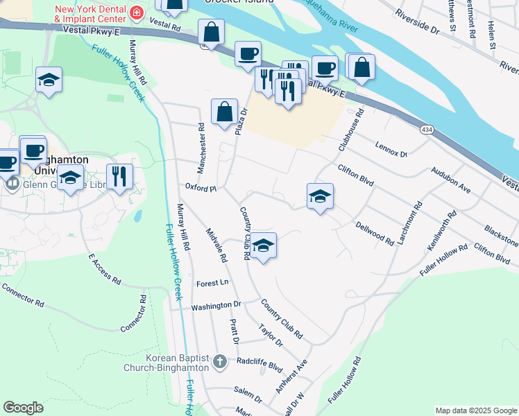 map of restaurants, bars, coffee shops, grocery stores, and more near 619 Country Club Road in Vestal