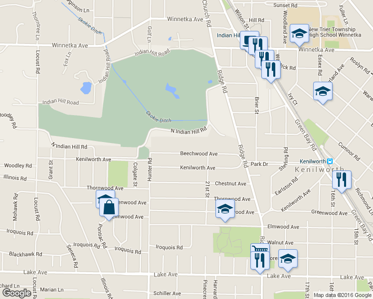 map of restaurants, bars, coffee shops, grocery stores, and more near 2136 Beechwood Avenue in Wilmette