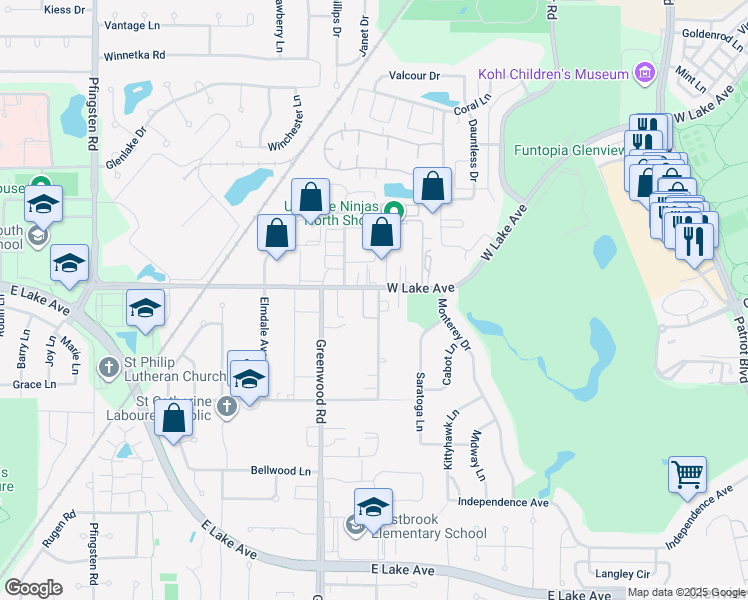 map of restaurants, bars, coffee shops, grocery stores, and more near 1760 Pickwick Ln in Glenview