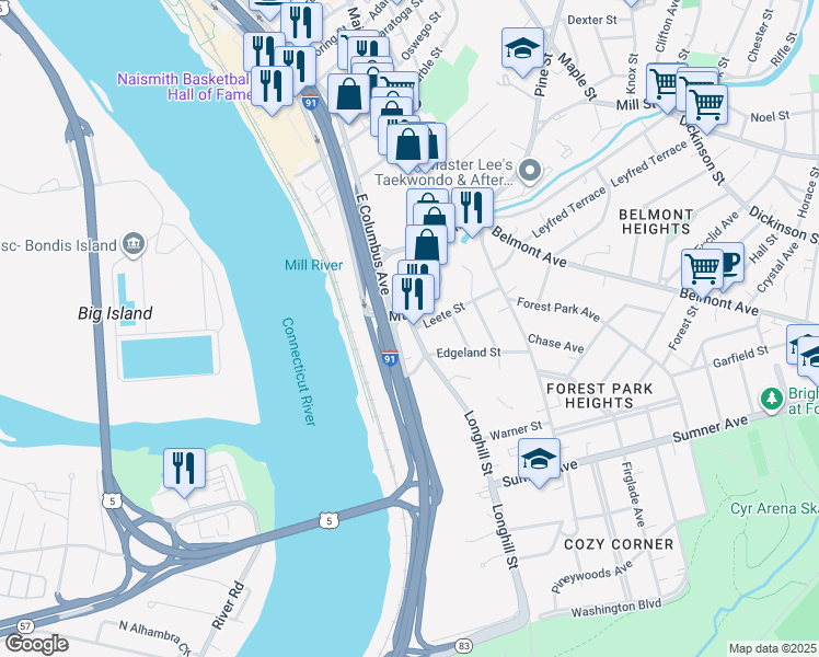 map of restaurants, bars, coffee shops, grocery stores, and more near 16 Longhill Street in Springfield