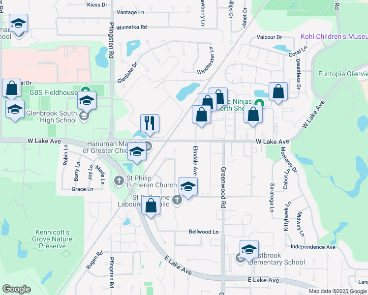 map of restaurants, bars, coffee shops, grocery stores, and more near 3423 West Lake Avenue in Glenview