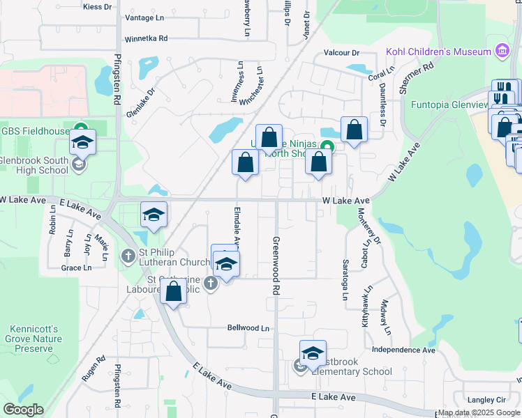 map of restaurants, bars, coffee shops, grocery stores, and more near 1620 Greenwood Road in Glenview