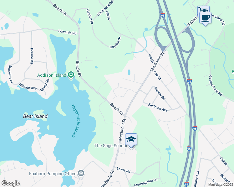 map of restaurants, bars, coffee shops, grocery stores, and more near 24 Wayne Drive in Foxborough