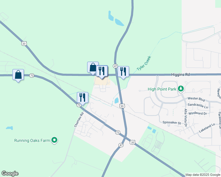 map of restaurants, bars, coffee shops, grocery stores, and more near 2333 Upland Road in Pingree Grove
