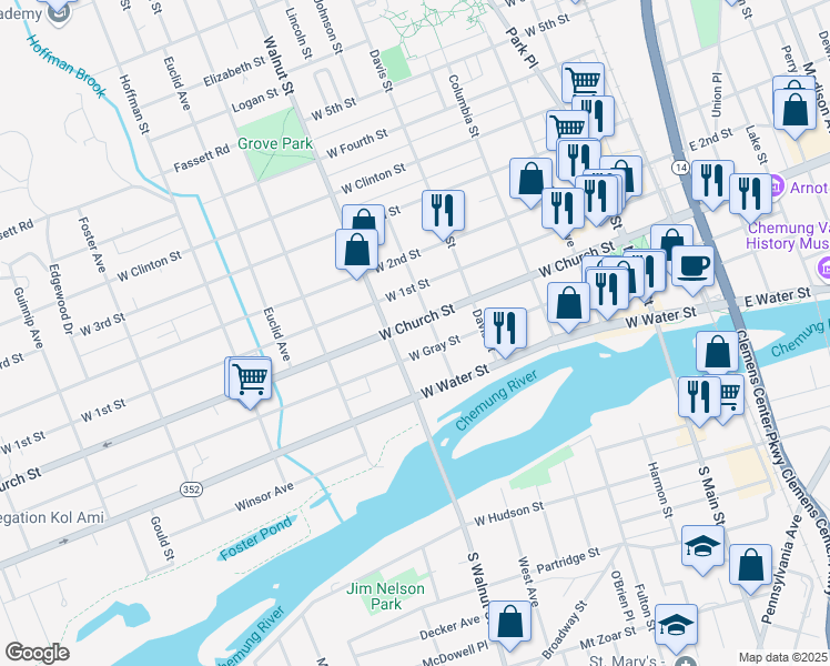 map of restaurants, bars, coffee shops, grocery stores, and more near 461 West Church Street in Elmira