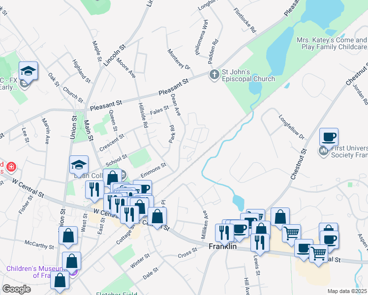 map of restaurants, bars, coffee shops, grocery stores, and more near 125 Dean Avenue in Franklin