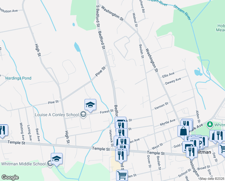 map of restaurants, bars, coffee shops, grocery stores, and more near 964 Bedford Street in Whitman