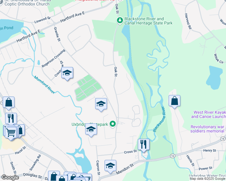 map of restaurants, bars, coffee shops, grocery stores, and more near 162 Oak Street in Uxbridge