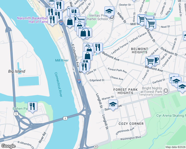 map of restaurants, bars, coffee shops, grocery stores, and more near 14 Coomes Street in Springfield