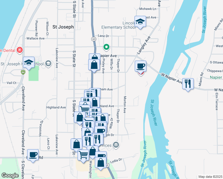 map of restaurants, bars, coffee shops, grocery stores, and more near 898 Botham Avenue in Saint Joseph
