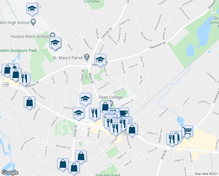 map of restaurants, bars, coffee shops, grocery stores, and more near 17 Garfield Street in Franklin