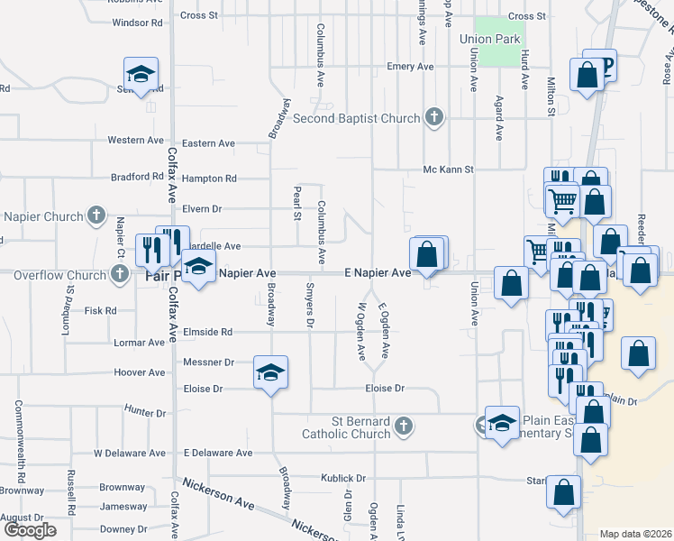 map of restaurants, bars, coffee shops, grocery stores, and more near 429e East Napier Avenue in Benton Harbor