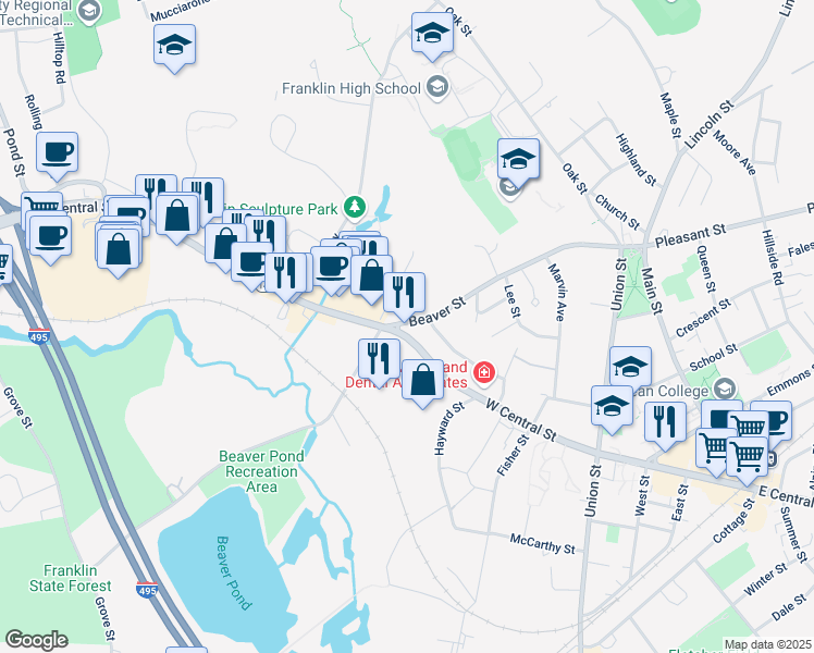 map of restaurants, bars, coffee shops, grocery stores, and more near 323 West Central Street in Franklin