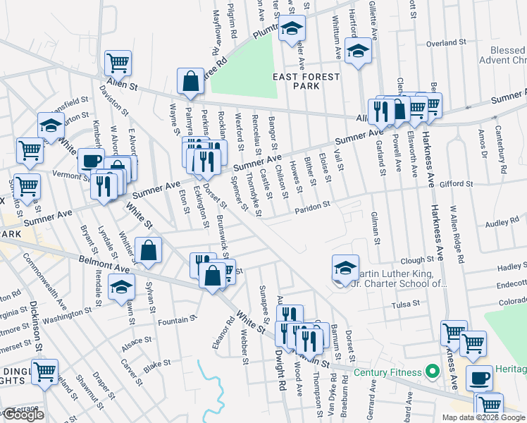 map of restaurants, bars, coffee shops, grocery stores, and more near 78 Thorndyke Street in Springfield