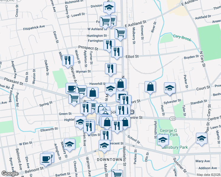 map of restaurants, bars, coffee shops, grocery stores, and more near 77 North Main Street in Brockton