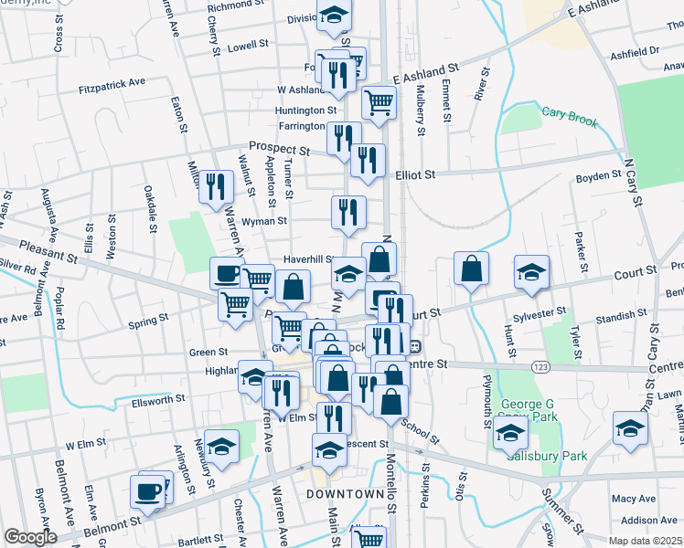 map of restaurants, bars, coffee shops, grocery stores, and more near 77 North Main Street in Brockton