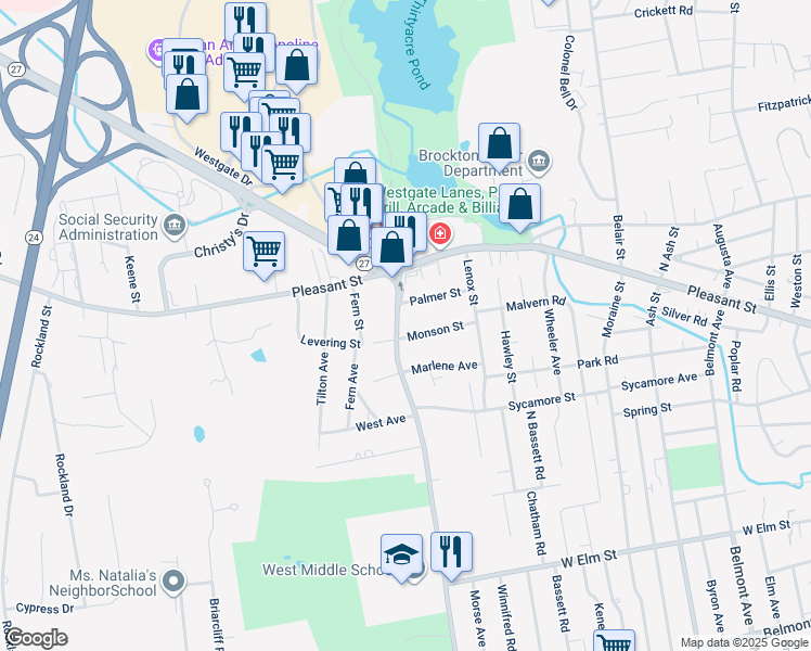 map of restaurants, bars, coffee shops, grocery stores, and more near 54 West Street in Brockton