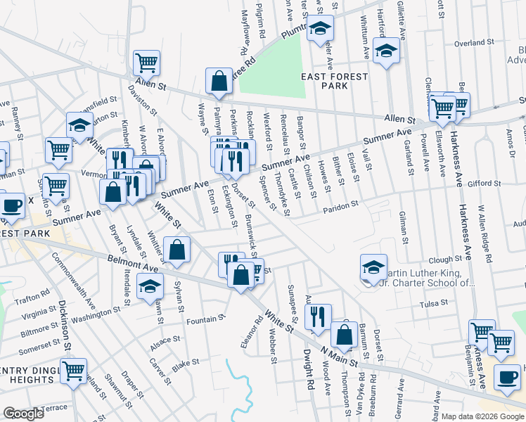 map of restaurants, bars, coffee shops, grocery stores, and more near 76 Dorset Street in Springfield
