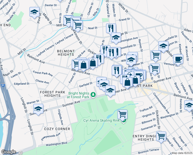 map of restaurants, bars, coffee shops, grocery stores, and more near 15-19 Litchfield Street in Springfield