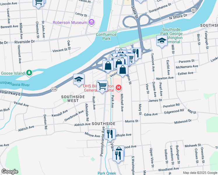 map of restaurants, bars, coffee shops, grocery stores, and more near 49 Pennsylvania Avenue in Binghamton