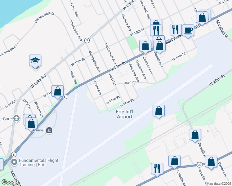 map of restaurants, bars, coffee shops, grocery stores, and more near 1416-1498 Hartt Road in Erie