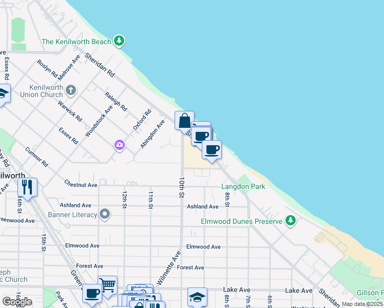 map of restaurants, bars, coffee shops, grocery stores, and more near 1515 Sheridan Road in Wilmette