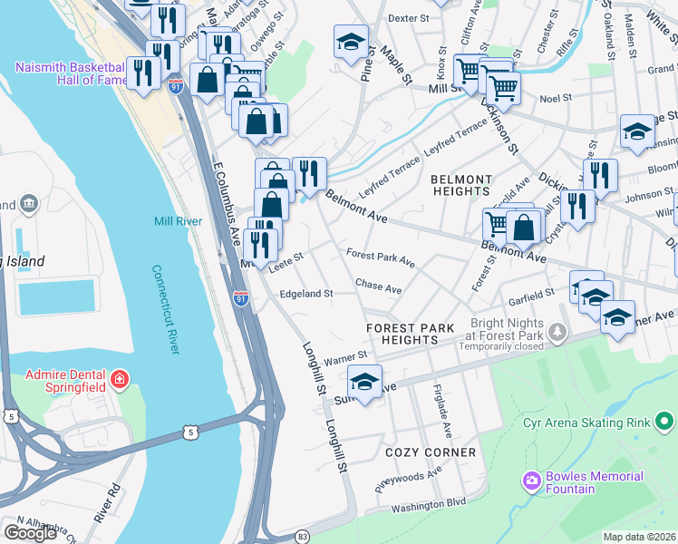 map of restaurants, bars, coffee shops, grocery stores, and more near 41-43 Longview Street in Springfield