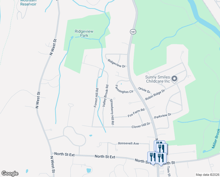map of restaurants, bars, coffee shops, grocery stores, and more near 61 Farmington Circle in Agawam